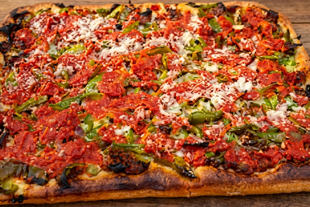 Torta de pimientos de Alcañiz con pimiento verde pochado, tomate y jamón de DO Teruel sobre masa casera