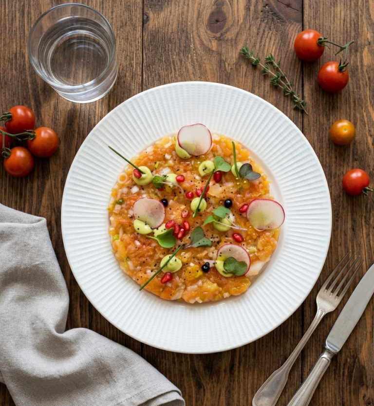 Tartar de tomate Raf con cebolla tierna y dátiles, decorado con guacamole, rábano, granada y cebollino, servido en plato blanco sobre mesa de madera rústica