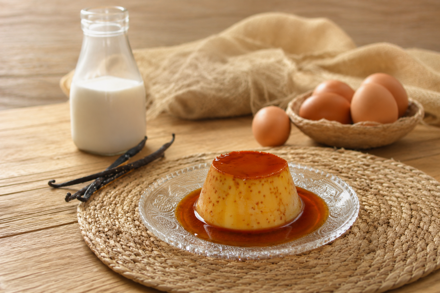 Flan casero desmoldado en un plato blanco, bañado en caramelo dorado y brillante que resbala por los lados