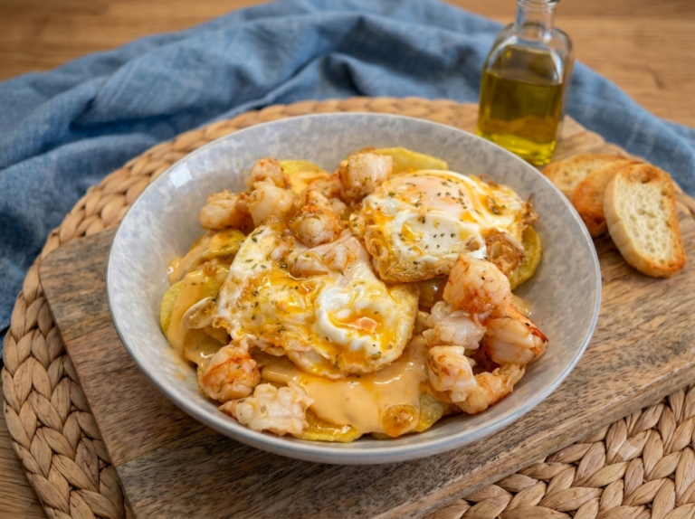 Plato hondo con patatas agrias crujientes cubiertas de alioli anaranjado, huevos fritos con yema fluida y gambones al ajillo por encima