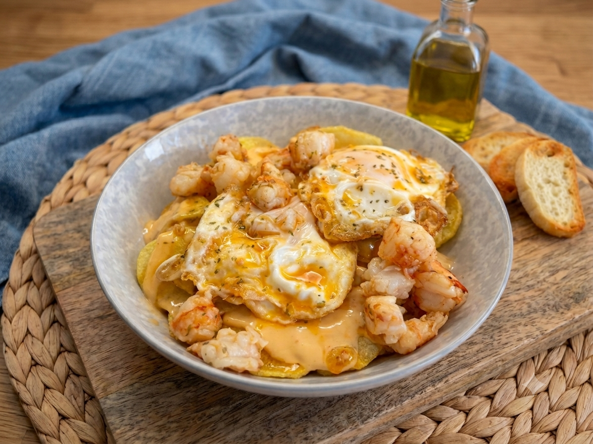 Plato hondo con patatas agrias crujientes cubiertas de alioli anaranjado, huevos fritos con yema fluida y gambones al ajillo por encima